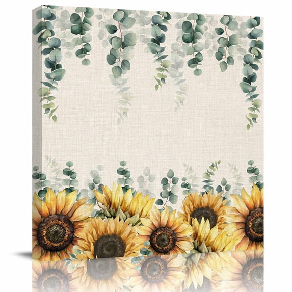 Yellow Sunflowers Framed Canvas Wall Art, Floral Green Eucalyptus Leaf Vintage Farm Plant Wall Art Painting for Living Room Bedroom Home Decor, 20”x20”, Office Artwork Print