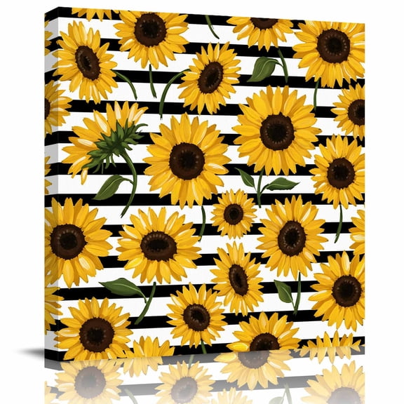 Yellow Sunflowers Framed Canvas Wall Art, Retro Plants Flowers Black White Striped Wall Art Painting for Living Room Bedroom Home Decor, 8”x8”, Office Artwork Print