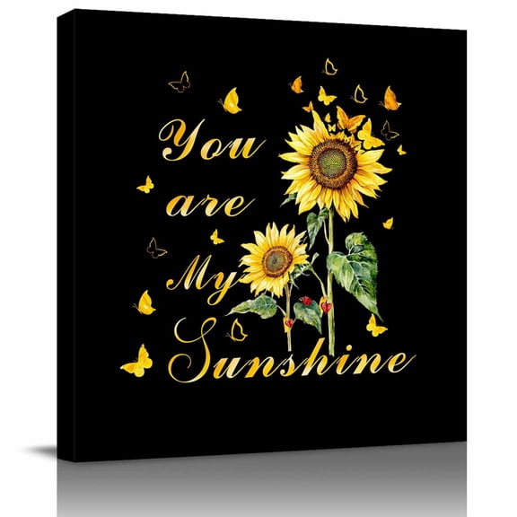Yellow Sunflowers Framed Canvas Wall Art, You Are My Sunshine Butterflies Black Background Wall Art Painting for Living Room Bedroom Home Decor, 8”x8”, Office Artwork Print