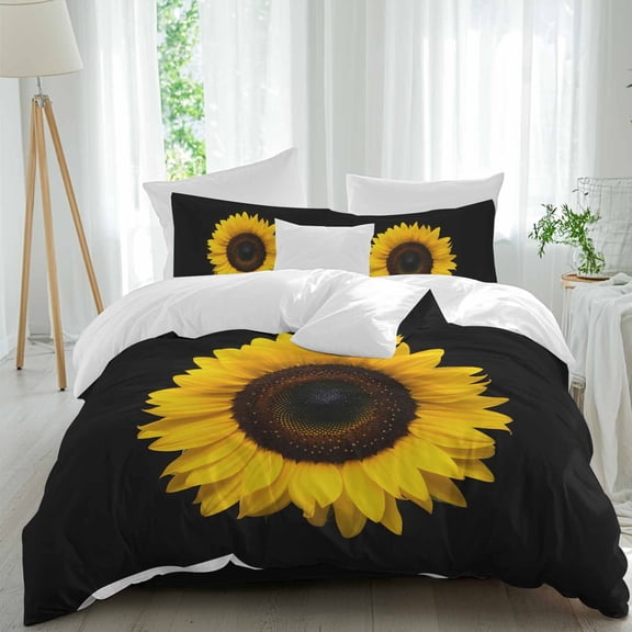 Yellow Sunflowers Full Size Comforter Set, Black Background Spring Floral Simple Bedding for All Seasons, 4 Pcs Bed Set, 1Quiltcover (86"x86") ,1Sheet(80"x116"), 2Pillowcases (30"x20")