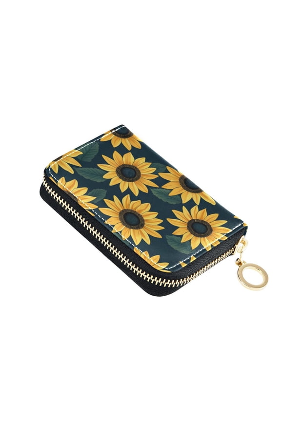 Yellow Sunflowers Green Leaves Women's Credit Card Holder PU Leather Zipper Wallet RFID Blocking