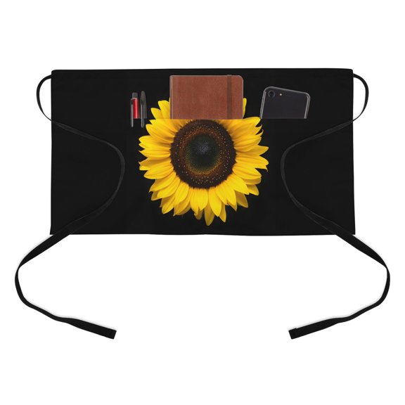 Yellow Sunflowers Half Waist Apron Black Background Spring Floral Simple Short Waiter Aprons with 3 Pockets for Women Men Kitchen Restaurant Cooking