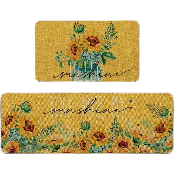Yellow Sunflowers Hello Sunshine Summer Kitchen Mats Set of 2, Seasonal Holiday Anniversary Holiday Decorations for Home Kitchen - 17x29 and 17x47 Inch