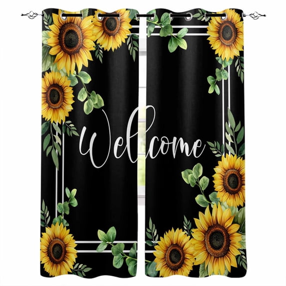 Yellow Sunflowers Kitchen Curtains Black Summer Botanical Eucalyptus Leaf Cafe Short Curtains for Bathroom Blackout Window Curtain Small Window Treatment Drapes for Bedroom Living Room 52"x45"x2