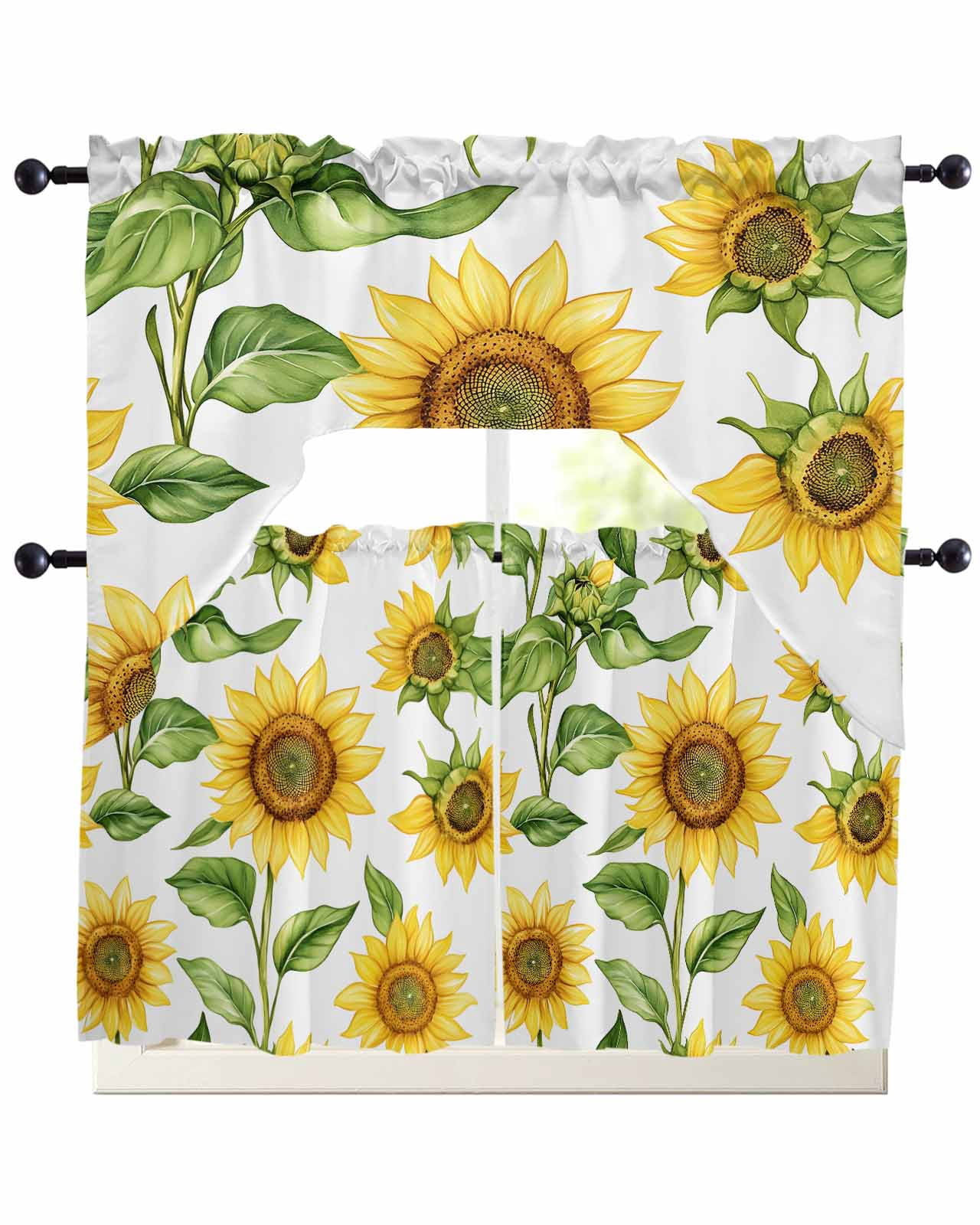 Yellow Sunflowers Kitchen Curtains Swag Valance and Tier Curtains Set ...
