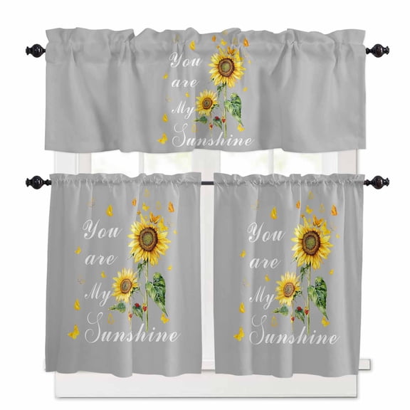 Yellow Sunflowers Kitchen Curtains Valance and Tier Set You Are My Sunshine Butterflies Gray Background Short Curtains for Small Window 3 Pieces Set for Bedroom Bathroom Cafe (54" x 18"+27" x 24")