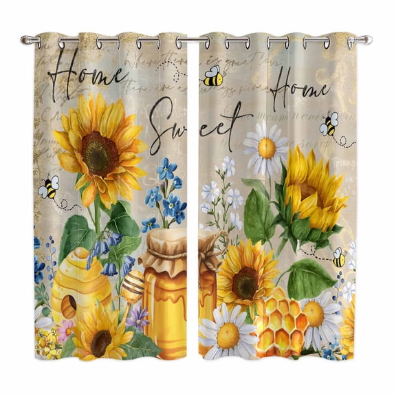 Yellow Sunflowers Kitchen Curtains Window Panels, Elegant Pastoral Floral Daisy Bees Insulated Window Treatment Curtain, Grommet Curtains for Bedroom/Living Room/Bathroom, 2 Piece 42"Wx63"L