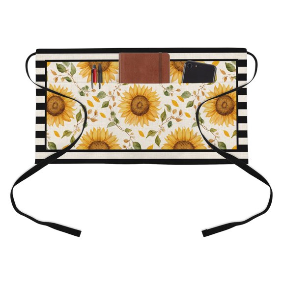 Yellow Sunflowers Kitchen Restaurant Half Waist Apron, Rustic Country Floral Botanical Black Striped Server Short Apron with 3 Pockets Waterproof Oil Waist Aprons for Women Waitress Waiter