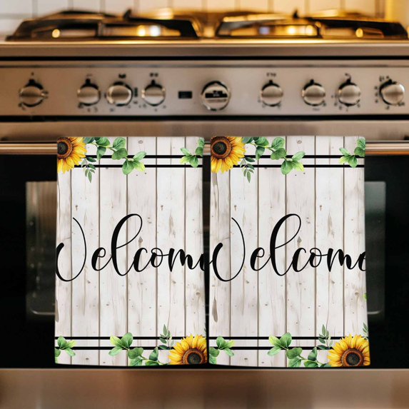 Yellow Sunflowers Kitchen Towels Set of 1, Botanical Floral Leaves Wooden Grain Absorbent Dish Towels for Kitchen, Microfiber Hand Towel, Quick Drying Tea Towel for Cleaning Decorative Dishcloths
