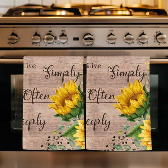 Yellow Sunflowers Kitchen Towels Set of 1, Farmhouse Floral Rustic Leaves Brown Wood Absorbent Dish Towels for Kitchen, Microfiber Hand Towel, Quick Drying Tea Towel for Cleaning Dishcloths