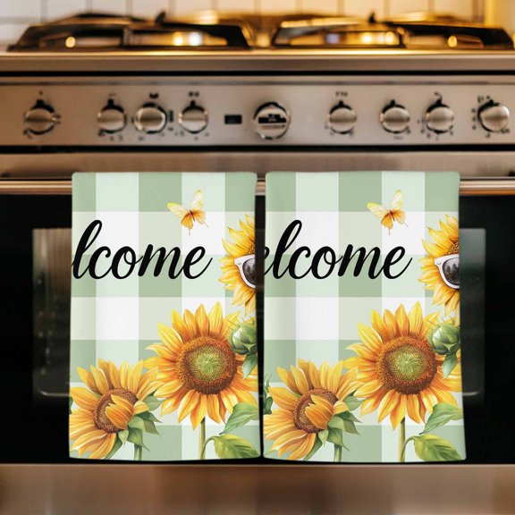 Yellow Sunflowers Kitchen Towels Set of 1, Light Green Plaid Leaves Butterfly Absorbent Dish Towels for Kitchen, Microfiber Hand Towel, Quick Drying Tea Towel for Cleaning Decorative Dishcloths