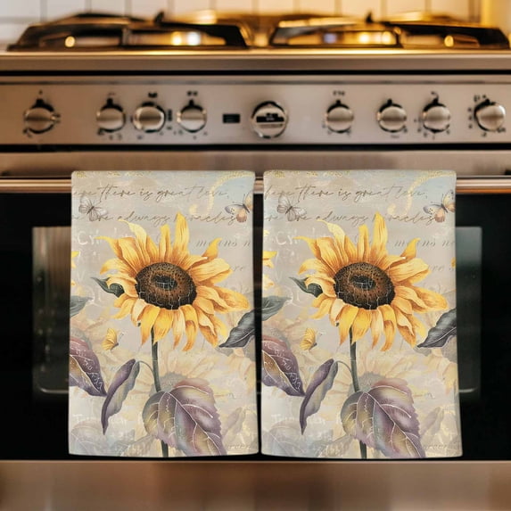 Yellow Sunflowers Kitchen Towels Set of 1, Retro Floral Leaves Butterfly Plants Khaki Absorbent Dish Towels for Kitchen, Microfiber Hand Towel, Quick Drying Tea Towel Decorative Dishcloths