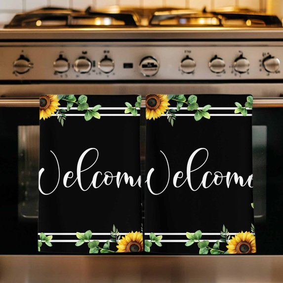Yellow Sunflowers Kitchen Towels Set of 2, Black Summer Botanical Eucalyptus Leaf Absorbent Dish Towels for Kitchen, Microfiber Hand Towel, Quick Drying Tea Towel for Cleaning Decorative Dishcloths