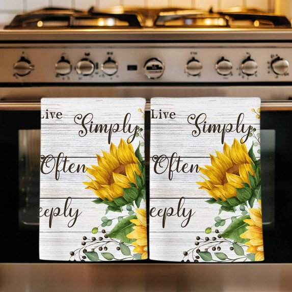 Yellow Sunflowers Kitchen Towels Set of 3, Farmhouse Floral Rustic Botanical Grey Wood Absorbent Dish Towels for Kitchen, Microfiber Hand Towel, Quick Drying Tea Towel for Cleaning Dishcloths