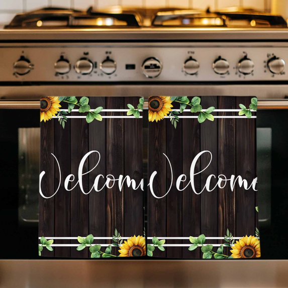 Yellow Sunflowers Kitchen Towels Set of 4, Botanical Eucalyptus Leaf Wooden Grain Absorbent Dish Towels for Kitchen, Microfiber Hand Towel, Quick Drying Tea Towel for Cleaning Decorative Dishcloths
