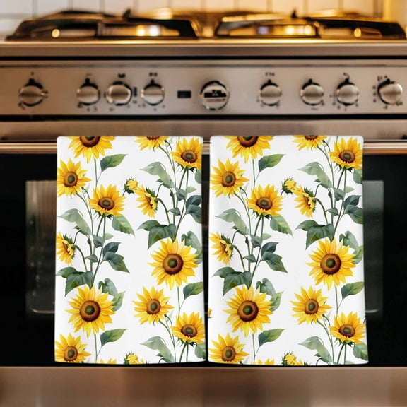 Yellow Sunflowers Kitchen Towels Set of 4, Farmhouse Summer Botanical Watercolor Absorbent Dish Towels for Kitchen, Microfiber Hand Towel, Quick Drying Tea Towel for Cleaning Decorative Dishcloths