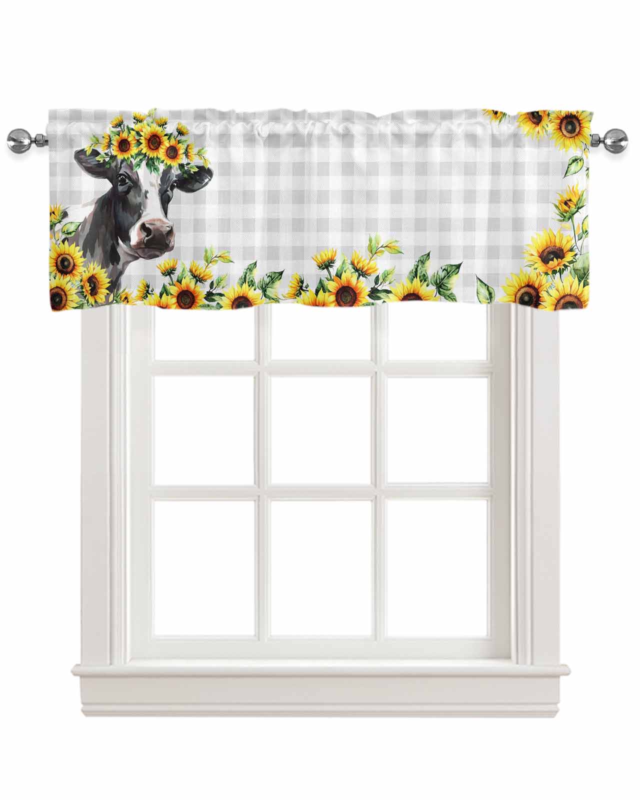 Yellow Sunflowers Kitchen Valances for Windows Farmhouse Linen Window Valance Curtain for Living Room Window Treatment Farmhouse Cow Rustic Floral Country Plaid Valance Rod Pocket, 60 x 18 Inch