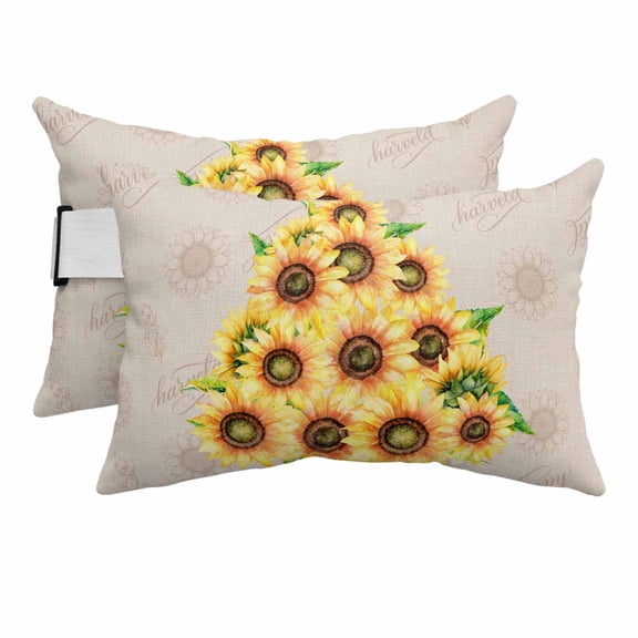 Yellow Sunflowers Outdoor Pillows for Chaise Lounge Chair Beach Headrest Pillow Set of 2 Waterproof Lumbar Pillows with Insert&Strap Summer Botanical Farmhouse Watercolor Floral Pool Pillow 12"x20"