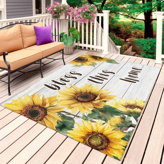 Yellow Sunflowers Outdoor Rug 4x6 Ft, Non Slip Washable Area Rug, Farmhouse Spring Botanical Floral Wooden Patio Rugs Carpet Runner, Large Floor Mat for Indoor/Outdoor Deck Porch Camping