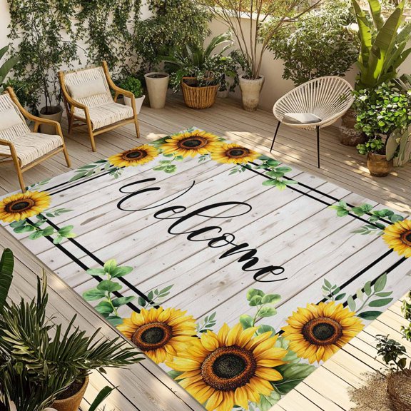 Yellow Sunflowers Outdoor Rug 5x7 Ft - Reversible Patio Rug Outdoor Camping Rugs, Botanical Floral Leaves Wooden Grain Washable Indoor Outdoor Area Rugs, Non-Slip Outdoor Carpet Runner for Deck/Porch