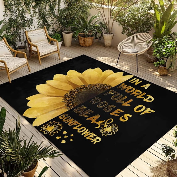 Yellow Sunflowers Outdoor Rug for Patio/Deck/Porch, Non-Slip Large Area Rug 3 x 5 Ft, Floral Rustic Abstract Black Indoor Outdoor Rugs Washable Area Rugs, Reversible Camping Rug Carpet Runner