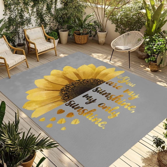 Yellow Sunflowers Outdoor Rug for Patio/Deck/Porch, Non-Slip Large Area Rug 4 x 6 Ft, Floral You Are My Sunshine Grey Quotes Indoor Outdoor Rugs Washable Area Rugs, Camping Rug Carpet Runner