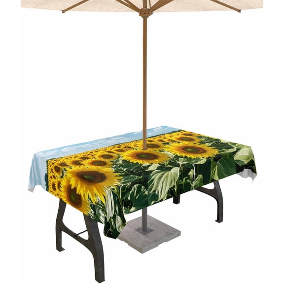 Yellow Sunflowers Outdoor Tablecloth with Umbrella Hole Rectangle, Blue Sky White Cloud Wild Waterproof Table Cloth Washable Wipeable Cover Spill Proof for Patio Spring Summer Picnic BBQ 60"x84"