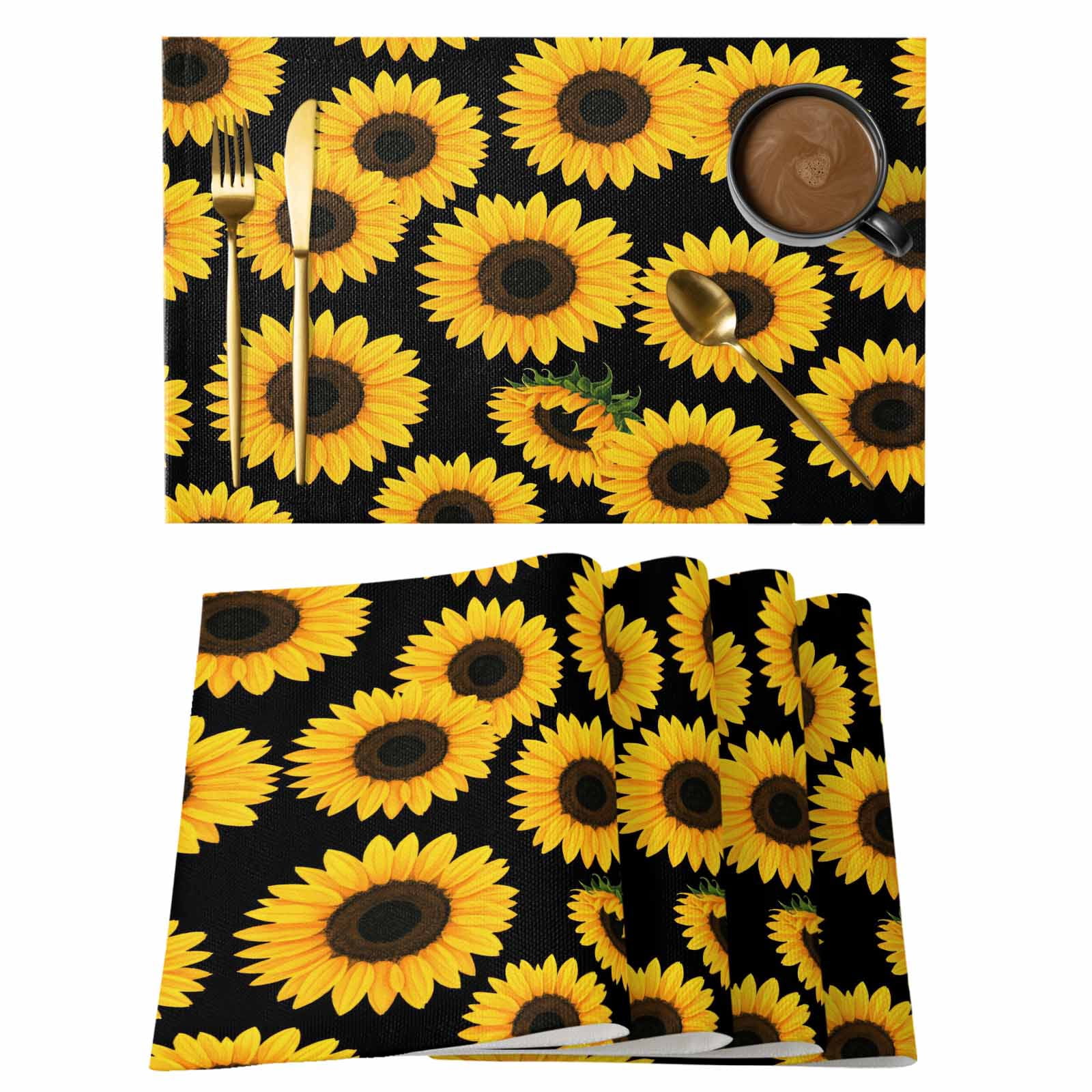 Yellow Sunflowers Placemats Set of 12, Black Farmhouse Country Flowers ...