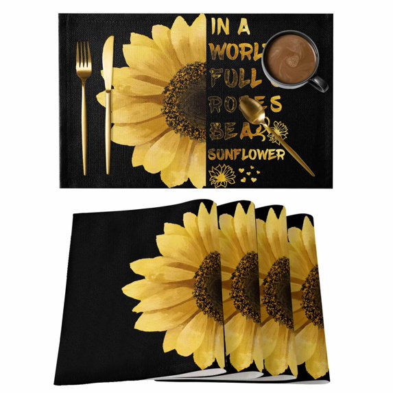 Yellow Sunflowers Placemats Set of 12, Floral Rustic Abstract Black Placemats for Dining Table, Place Mats for Kitchen Tabletop, Waterproof Wipeable Dining Table Mats Set