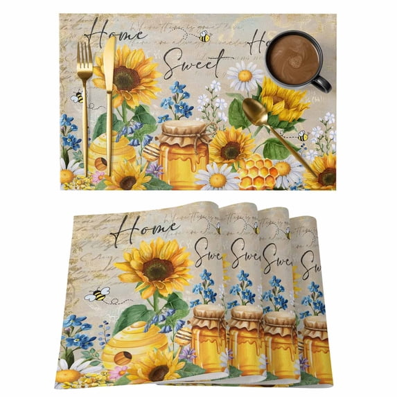 Yellow Sunflowers Placemats Set of 4, Elegant Pastoral Floral Daisy Bees Placemats for Dining Table, Place Mats for Kitchen Tabletop, Waterproof Wipeable Dining Table Mats Set