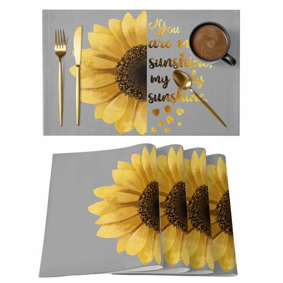 Yellow Sunflowers Placemats Set of 4, Floral You Are My Sunshine Grey Quotes Placemats for Dining Table, Place Mats for Kitchen Tabletop, Waterproof Wipeable Dining Table Mats Set