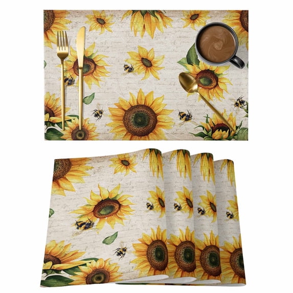 Yellow Sunflowers Placemats Set of 4, Summer Farmhouse Retro Beige Placemats for Dining Table, Place Mats for Kitchen Tabletop, Waterproof Wipeable Dining Table Mats Set
