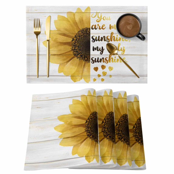 Yellow Sunflowers Placemats Set of 4, You Are My Sunshine Wood Rustic Placemats for Dining Table, Place Mats for Kitchen Tabletop, Waterproof Wipeable Dining Table Mats Set