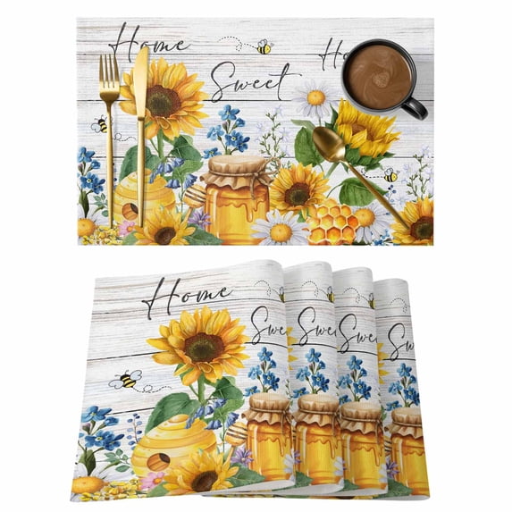 Yellow Sunflowers Placemats Set of 6, Elegant Pastoral Floral Watercolor Wooden Placemats for Dining Table, Place Mats for Kitchen Tabletop, Waterproof Wipeable Dining Table Mats Set