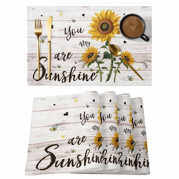 Yellow Sunflowers Placemats Set of 6, Summer Botanical Country Wood Grain Placemats for Dining Table, Place Mats for Kitchen Tabletop, Waterproof Wipeable Dining Table Mats Set