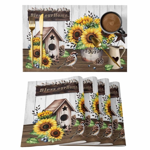 Yellow Sunflowers Placemats Set of 6, Western Star Farmhouse White Wooden Placemats for Dining Table, Place Mats for Kitchen Tabletop, Waterproof Wipeable Dining Table Mats Set