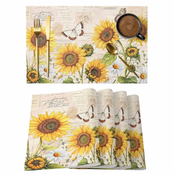 Yellow Sunflowers Placemats Set of 8 Country Farm Butterfly Flower Light Beige Place Mats Indoor Wipeable Table Mats Washable Dining Table Placemats for Kitchen Holiday Party Home Decor 13x19 Inch