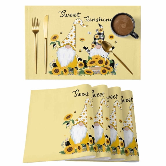 Yellow Sunflowers Placemats Set of 8, Gnomes Farmhouse Botanical Bee Placemats for Dining Table, Place Mats for Kitchen Tabletop, Waterproof Wipeable Dining Table Mats Set
