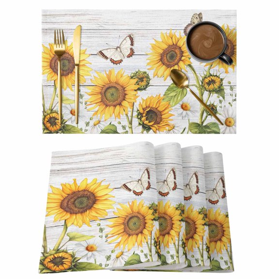 Yellow Sunflowers Placemats Set of 8 Vintage Country Flowers Butterfly Wood Board Place Mats Indoor Wipeable Table Mats Washable Dining Table Placemats for Kitchen Holiday Party Home Decor 13x19 Inch