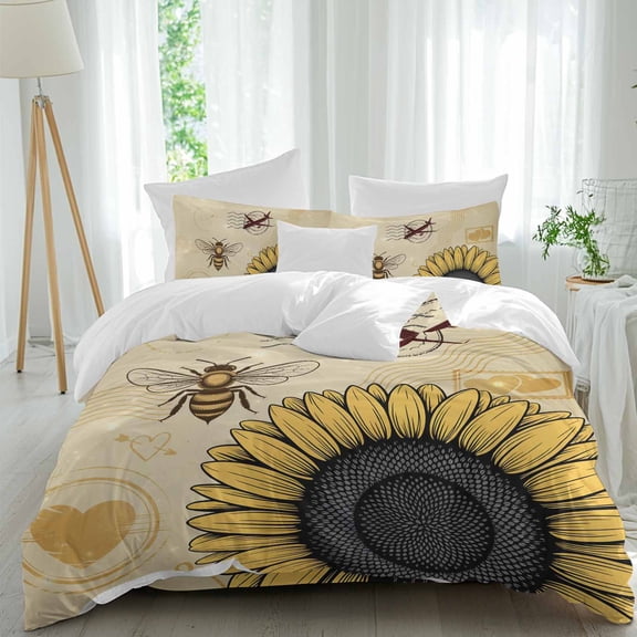 Yellow Sunflowers Queen Size Comforter Set, Bee Heart Airplane Abstract Vintage Style Bedding for All Seasons, 4 Pcs Bed Set, 1Quiltcover (90"x92") ,1Sheet(94"x116"), 2Pillowcases (30"x20")