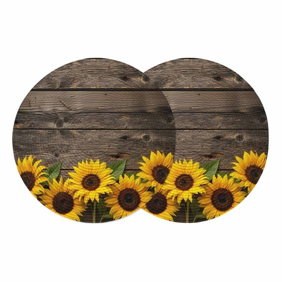 Yellow Sunflowers Round 13 Inch Placemats Set of 2, Farmhouse Brown Wooden Country Plants HeatResistant Non Slip Place Mats for Dining Table, Wipeable Braided Kitchen Table Mats for Housewarming