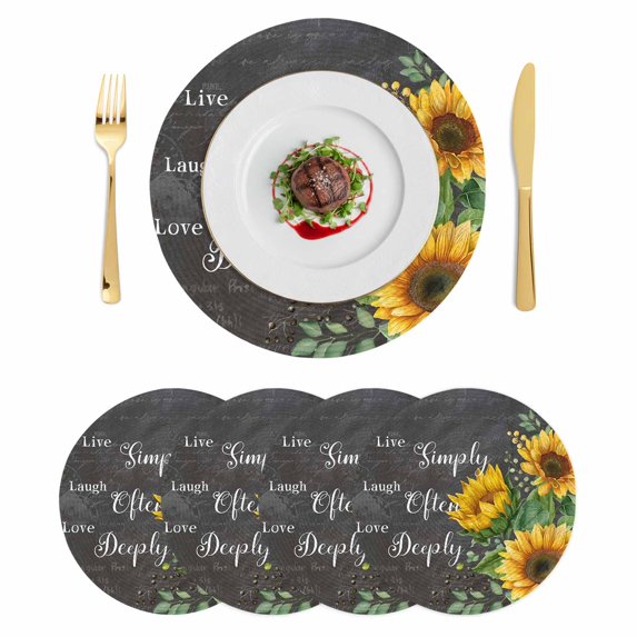 Yellow Sunflowers Round 13 Inch Placemats Set of 4, Farmhouse Floral Rustic Leaves Dark Grey HeatResistant Non Slip Place Mats for Dining Table, Wipeable Braided Kitchen Table Mats for Housewarming