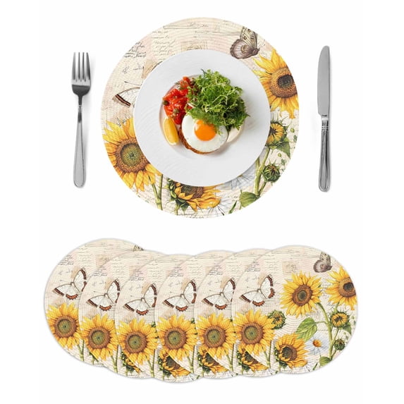 Yellow Sunflowers Round 13 Inch Placemats Set of 6, Country Farm Butterfly Flower Light Beige HeatResistant Non Slip Place Mats for Dining Table, Wipeable Braided Kitchen Table Mats for Housewarming