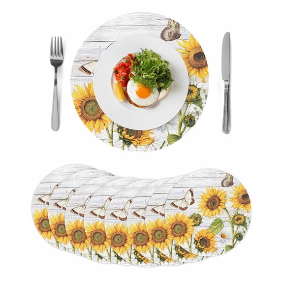 Yellow Sunflowers Round 13 Inch Placemats Set of 8, Vintage Country Flowers Butterfly Wood Board HeatResistant Non Slip Place Mats for Dining Table, Wipeable Kitchen Table Mats for Housewarming