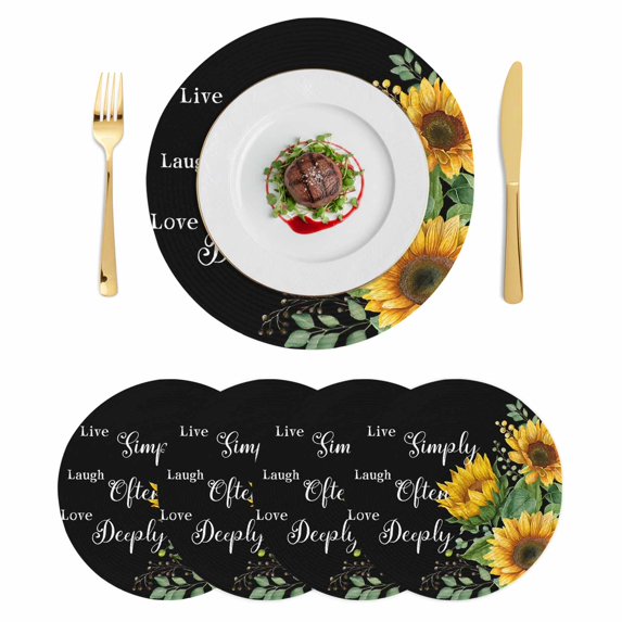 Yellow Sunflowers Round 15 Inch Placemats Set of 4, Farmhouse Floral Rustic Botanical Black HeatResistant Non Slip Place Mats for Dining Table, Wipeable Braided Kitchen Table Mats for Housewarming