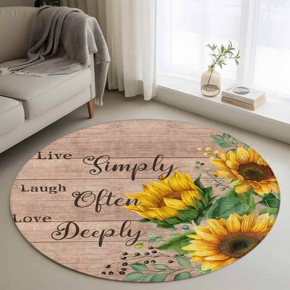 Yellow Sunflowers Round Area Rug 3.3Ft Washable Circle Rugs for Dining Room Table, Farmhouse Floral Rustic Leaves Brown Wood Non-Slip Carpet Floor Mats Indoor Outdoor Carpet Runner Home Decor