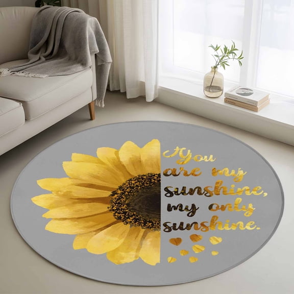 Yellow Sunflowers Round Area Rug 3Ft Washable Small Circle Rugs for Kitchen Entryway, Floral You Are My Sunshine Grey Quotes Non-Slip Carpet Floor Mats Indoor Outdoor Carpet Runner Home Decor