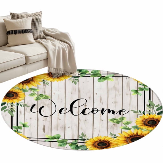 Yellow Sunflowers Round Area Rug 4 FT, Non Slip Indoor Outdoor Rug, Botanical Floral Leaves Wooden Grain Washable Soft Circular Carpet Non-Shedding Floor Mat for Coffee Table Nursery Foyer Balcony