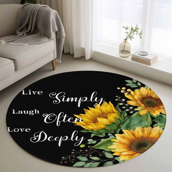 Yellow Sunflowers Round Area Rug 4Ft Washable Circle Rugs for Bedroom Dining Room, Farmhouse Floral Rustic Botanical Black Non-Slip Carpet Floor Mats Indoor Outdoor Carpet Runner Aesthetic Home Decor