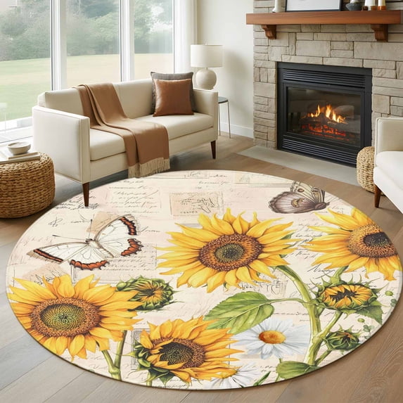 Yellow Sunflowers Round Area Rug 7Ft Washable Circle Rugs for Dorm Laundry Room, Country Farm Butterfly Flower Light Beige Non-Slip Carpet Floor Mats Indoor Outdoor Carpet Runner Aesthetic Home Decor